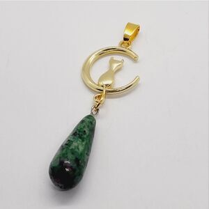 Ruby Zoisite Stone Teardrop Tibetan Gold Cat Pendant 2.5"